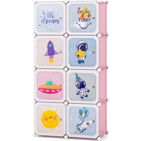 Armoire pour enfants à 8 cubes 71 x 36 x 142 cm avec barre à vêtements personnalisable design mignon en PP rose