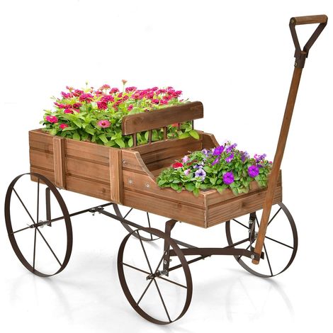 Carrettino di Legno Fioriera, Fioriera Decorativa con Ruote e 2 Sezioni per Piante, Porta Piante da Esterno per Giardino Cortile (marrone)