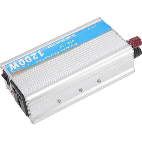 Convertisseur de puissance 1200 W CC 24 V vers CA 110 V en alliage d'aluminium, transformateur solaire pour voiture et maison, couleur argent. (1/5)
