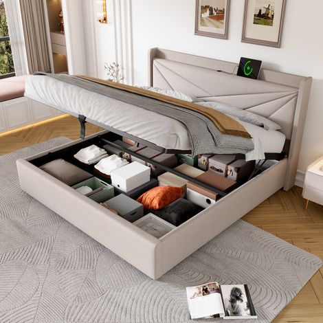 Cama con espacio de almacenamiento de lino de algodón beige 160x200 cm con cabecero USB/Tipo-C y somier de láminas (1/5)