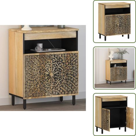 The Living Store Armoire latérale 60x33x75 cm bois massif de manguier - Meuble Retro - Buffet Design - Armoire Vintage - Commode Rustique - Mobilier Artisanal
