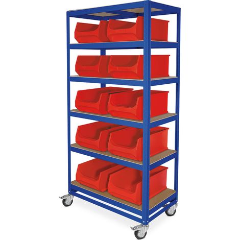 BRB Etagenwagen mit 6 Ebenen, BxTxH 900x500x1905 mm, 4 Lenkrollen, 2 mit Feststellbremse, blau, bestückt mit 10 Sichtboxen LB2, BxTxH 300x500x200 mm (Rot)