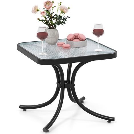 Table d’appoint carrée extérieure plateau verre trempé 50 x 50 cm, table basse compacte cadre métallique anticorrosion pour salon, jardin, terrasse et bord de piscine
Description