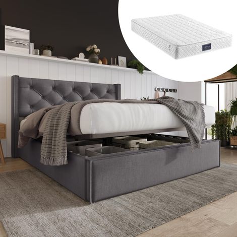 Lit double hydraulique rembourré 160x200cm, lit à lattes avec cadre en métal, cadre de lit moderne avec espace de rangement, coton, gris (avec matelas), garantie 2 ans (1/5)