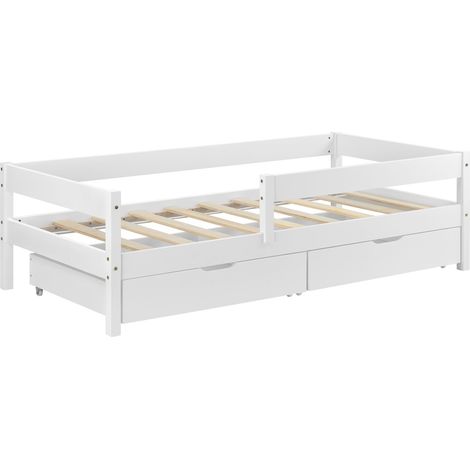 Cama infantil con barrera anticaída, somier y cajones de almacenaje, madera de pino blanco 90 x 200 cm 030005419