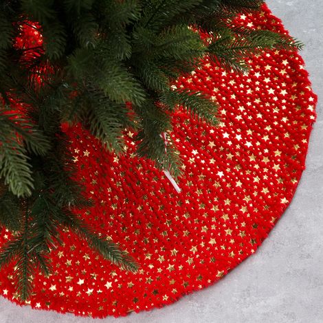 Décorations de Noël de 122 cm (48 pouces) - Jupe de sapin de Noël en peluche imprimée cinq étoiles, blanche et rouge (1/4)
