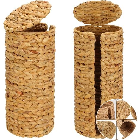 Panier de rangement vertical pour papier toilette avec couvercle, support en rotin tressé bohème pour salle de bain, chambre et salon (1/5)