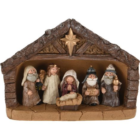 Spetebo – Crèche de Noël 18 cm en pierre artificielle avec 6 personnages peints – Décoration de table – Crèche complète multicolore