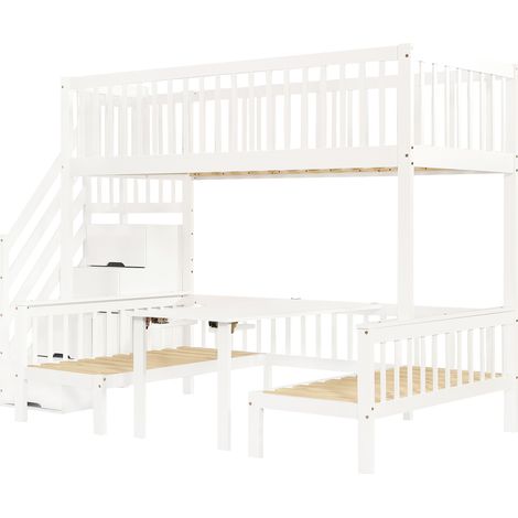 Lit superposé enfant avec bureau et escalier de rangement blanc 90x200 120x200 (1/5)