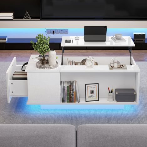 Table basse 100 x 50 x 40 cm relevable avec rangement caché, table d’appoint avec LED et tiroir, table de salon,Blanc