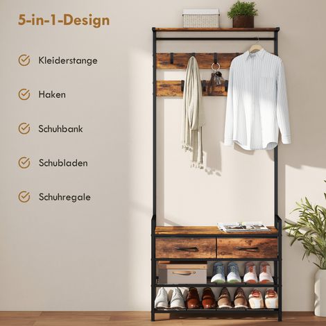 Lot industriel d'entrée : porte-manteau à patères, banc chaussures, meuble rangement acier, teinte brun rustique (1/4)