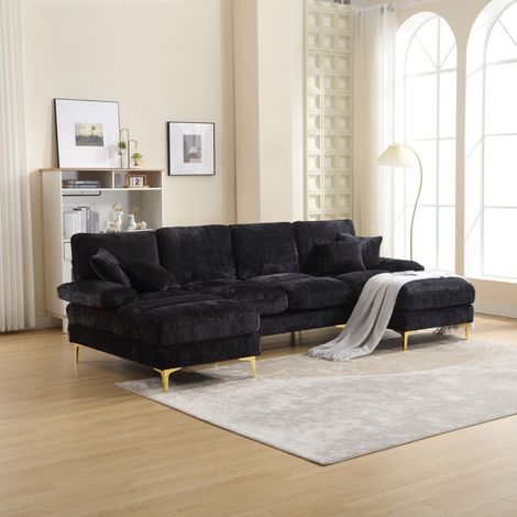 Sofá esquinero de 4 plazas en forma de U moderno sofá grande de chenilla con dos sillones reclinables ajustables color negro (1/5)