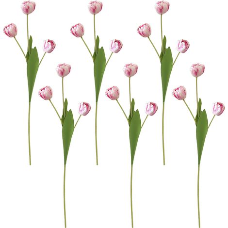 Six tulipes par bouquet, courbées et emballées. 【Rose foncé】Lot de 6 tulipes artificielles en soie, 3 fleurs par tige, ornement floral de grande valeur pour la décoration de table du salon. (1/3)