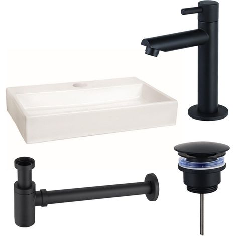 FugaFlow Eccelente Arredo Pack Lave-mains - 38x7x24cm - 1 trou de robinet - céramique - robinet Noir mat - Blanc (1/4)