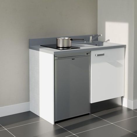 Kitchenette K08L - 120 cm - plan monobloc évier intégré Cromo- évier à droite - Façades Blanc + Electroménager inclus coloris Inox