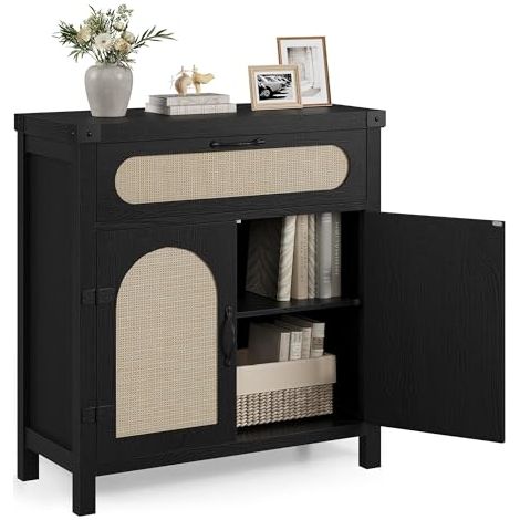 Buffet en rotin avec espace de rangement, meuble de rangement avec tiroir, bar à café bohème en bois pour salle à manger - noir