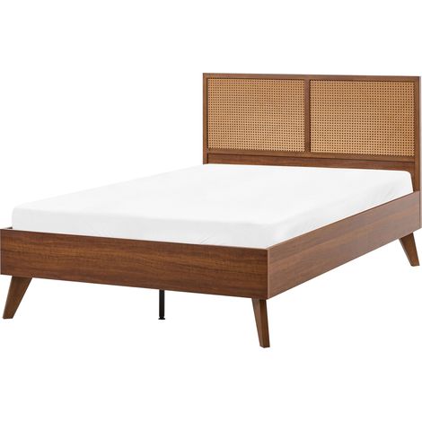 Cama con somier 120 x 200 cm cabecero de ratán sintético patas de madera de cuacho marrón oscuro Monpazier