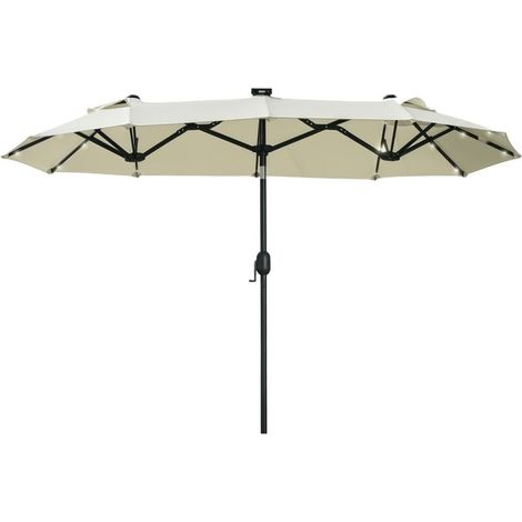 Parasol double, parasol de terrasse, inclinable, avec panneau solaire, 35 LED, structure en acier, beige, 2,92 x 1,50 x 2,18 m