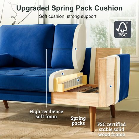 Keepbuying – Canapé droit 2 places en velours bleu – Accoudoirs roulés – Dimensions 148 x 78 x 85 cm – Confort moyen – Montage facile en 10 minutes