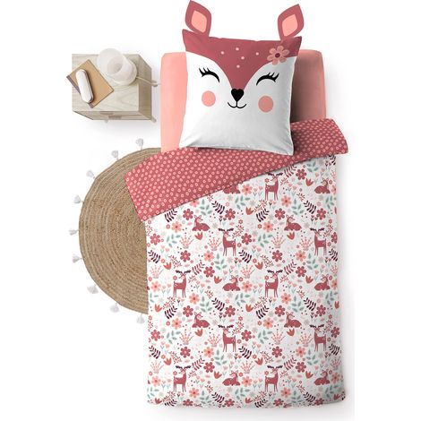 Housse de couette enfant réversible 140x200 cm – 100% coton – Motif faon BICHETTE – 42 fils
