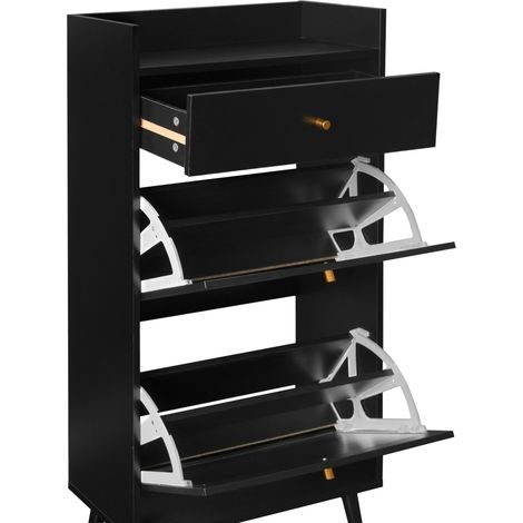 Armoire à chaussures noire en rattan technique avec deux portes et tiroir, 60 cm, sans fond (1/5)