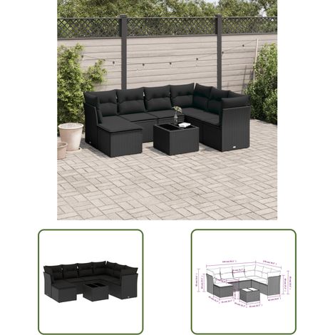 The Living Store Salon de jardin 8 pcs avec coussins noir résine tressée - Ensemble Salon De Jardin - Meuble De Jardin - Salon De Jardin Design - Mobilier De Jardin Résistant - Canapé De Jardin (1/3)