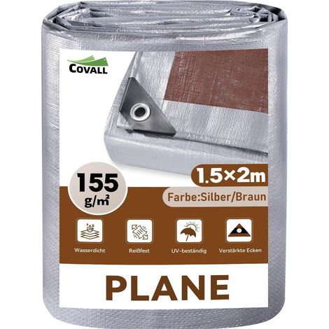 Abdeckplane 1,5x2m 155g/m² Wasserdicht UV-beständig Reißfest Silber/Braun mit Ösen (1/2)