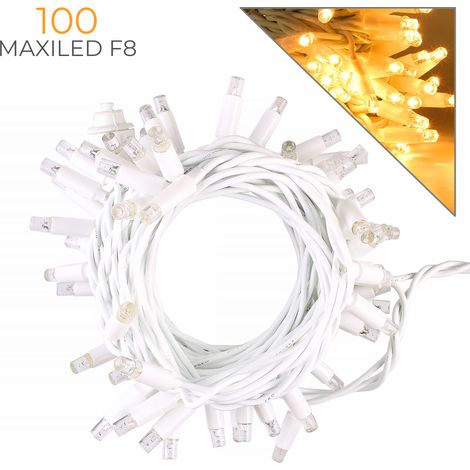 CATENA LUMINOSA PROFESSIONALE 10 METRI CON 100 MAXI-LED F8 A LUCE CALDA FISSA - CAVO BIANCO PROLUNGABILE FINO A 20 PEZZI IP44 (1/5)