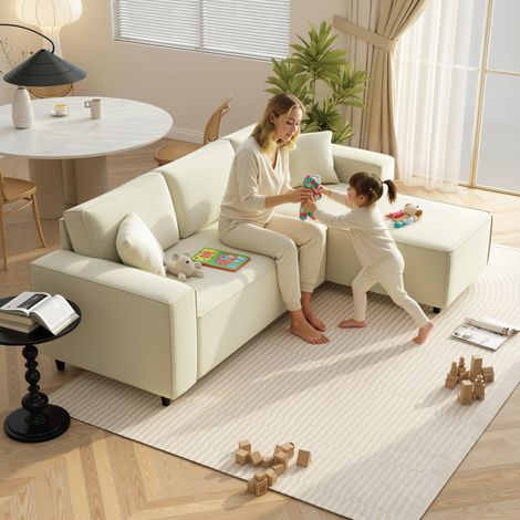 Canapé d'angle réversible 3 places moderne avec coussins inclus, tissu velours côtelé, crème (1/5)