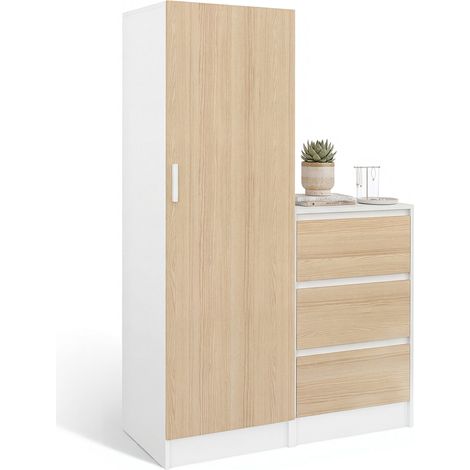 1-türiger Kleiderschrank AMBRE mit Kommode 3 Schubladen 100 cm modulierbar in Buche und Weiß