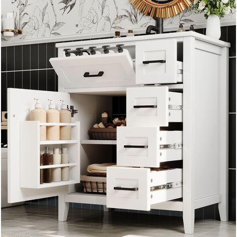 Meuble lave-mains sur pied en MDF et céramique blanc 76x46x90 cm avec porte, 2 tiroirs et vasque intégrée (1/5)