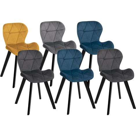Idmarket – Lot de 6 chaises en velours mix color bleu, gris foncé, gris clair et jaune – Assise ergonomique – Structure en bois noir – Style vintage (1/5)