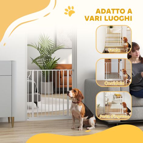 Barrière de sécurité extensible pour chien, 75-85x76 cm, blanche, en acier et ABS, réglable, parfaite pour porte et escalier. (1/5)