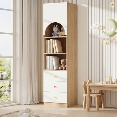 Étagère bibliothèque multi-niveaux 50×50×200 cm, 3 tiroirs et 3 tablettes, poignées céramiques, meuble pour chambre enfant, finition blanc et aspect bois (1/5)