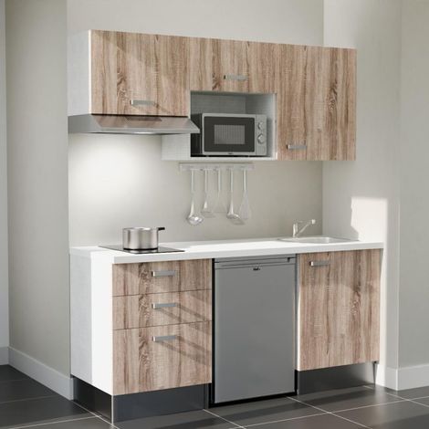Kitchenette K20L-PT - 180 cm - plan stratifié, évier inox, - Façade Bois - Plan Blanc - Crédences Non + Electroménager inclus coloris Inox (1/5)