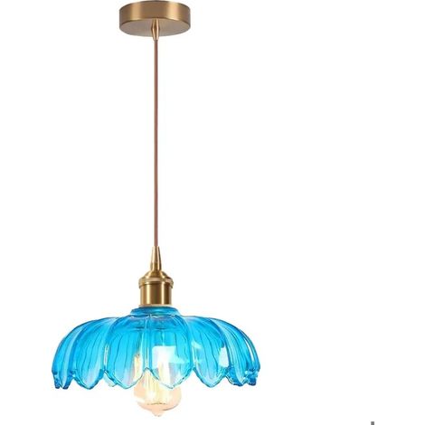 Lustre Moderne,Lampe de Plafond Vintage Abat-jour en Verre Design Fleurs Bleu E27 Suspension Luminaire Style Nordique,25cm (1/5)