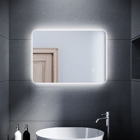 SONNI Badspiegel Led Touch Badezimmerspiegel mit beleuchtung Wandspiegel 50x70cm, Touch-Schalter, Kaltweiß, Vertikal/Horizontal, Schutzklasse IP44 (1/5)