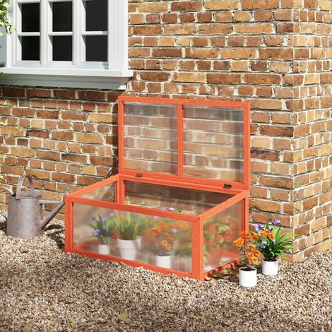 Mini serre de jardin en bois et polycarbonate avec couvercle, orange, 90 x 46 x 40 cm (1/5)