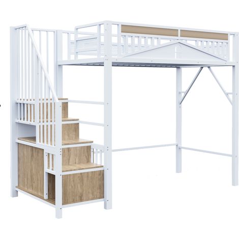 Letto a soppalco in metallo 90 x 200 cm con scala contenitore, bianco (1/5)