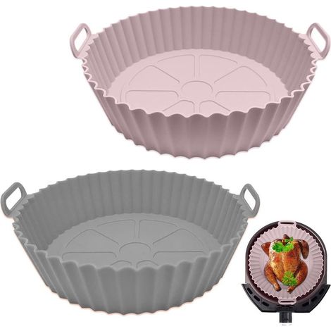 2 pièces Panier en Silicone Accessoires de Friteuse Nouveau style, Panier en Silicone Réutilisable pour Airfryer,Micro-Ondes, Le Moule à Gâteau, Le Cuiseur Vapeur, etc (rose+ gris) (1/5)