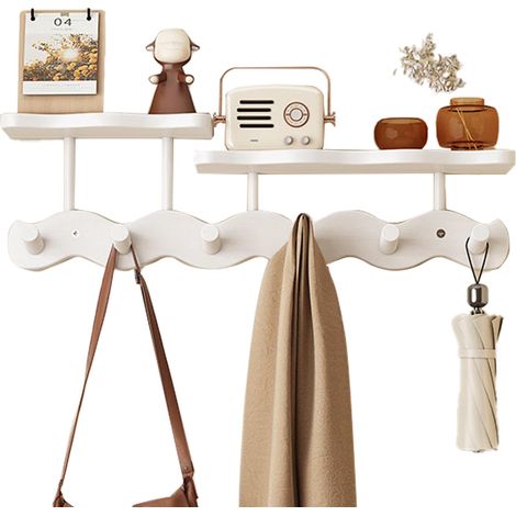Porte-manteau mural avec étagère, porte-manteau en bois avec 6 crochets robustes, design monté sur perceuse pour suspendre vêtements, chapeaux, serviettes, sacs et peignoirs (blanc) (1/5)