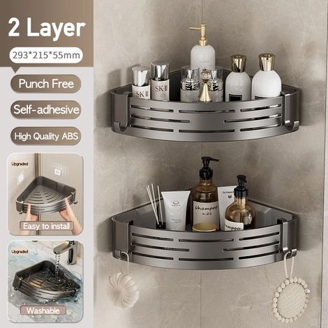 Étagère de salle de bain (gris, 2 niveaux) - Fixation murale sans perçage - Étagère d'angle - Panier de douche blanc en plastique - Organisateur de shampoing et autres produits cosmétiques (1/5)