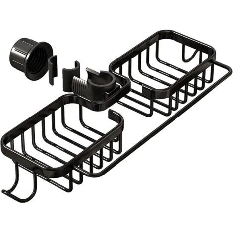 QORVA-Étagère de douche double noire 36 x 13 x 3,9 cm 1 porte-savon de douche en aluminium Aucun perçage requis Panier de vidange de cuisine