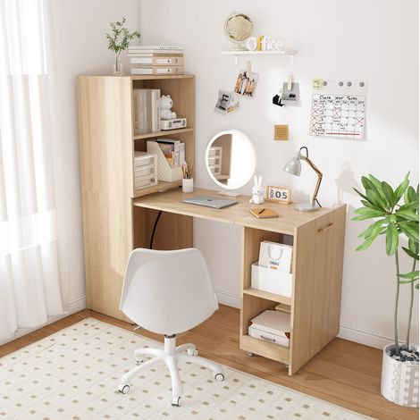 Scrivania estensibile con contenitore e ripiani regolabili, mobile 2 in 1 salvaspazio in MDF - naturale (1/5)