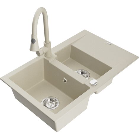 Mexen Gaspar fregadero de granito de 1,5 senos con escurridor y grifo de cocina Elia, beige - 6507-69-670101-69