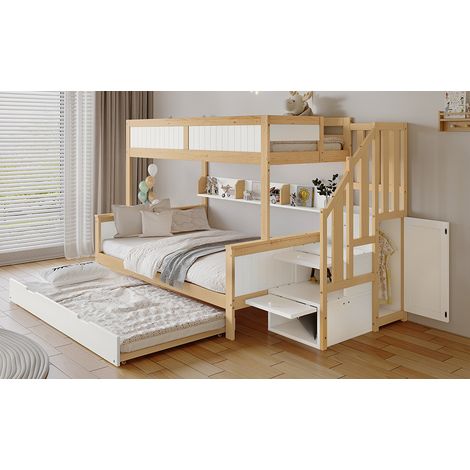 Etagenbett 252/128,5/148 cm Weiß/Natur aus Kiefer und MDF mit Rollbett und Stauraumtreppe (1/5)