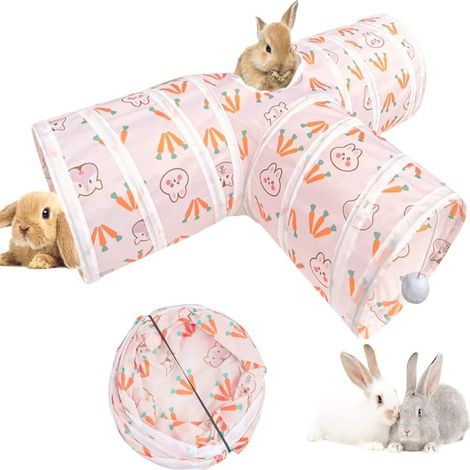 Tunnel pliable à trois canaux pour petits animaux de compagnie, cachette et jeu (rose)