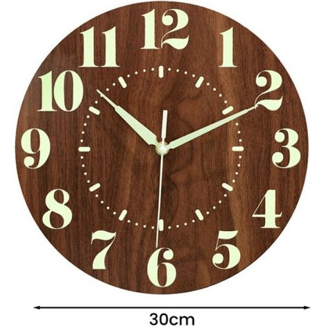 Horloge Murale - 12 Pouces - Fonction Jour de la Semaine - Phosphorescente - Silencieuse - Piles AA - Bois - 30 x 30 cm (1/5)