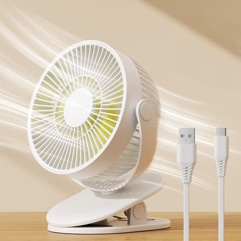 Mini ventilateur à pince, petit ventilateur USB avec batterie rechargeable 4000 mAh, 4 vitesses, max 14 heures, petit et silencieux pour lit, bureau, poussette - Blanc laiteux (1/5)