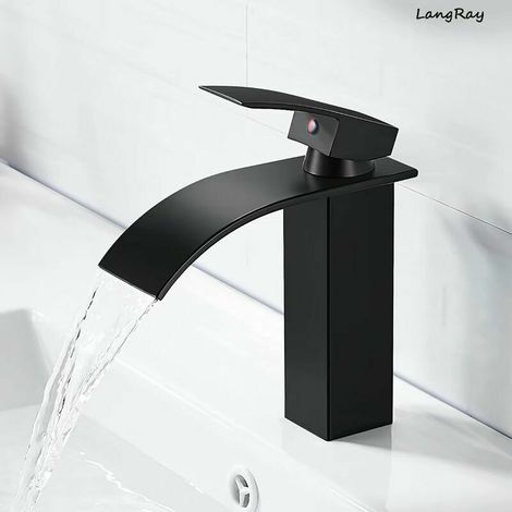 Robinet de Lavabo Cascade, Robinet Salle de Bains Monotrou Sur Plage, Cartouche Céramique, Robinetterie Lavabo Design Elégant, Mitigeur Cascade Noir (1/5)